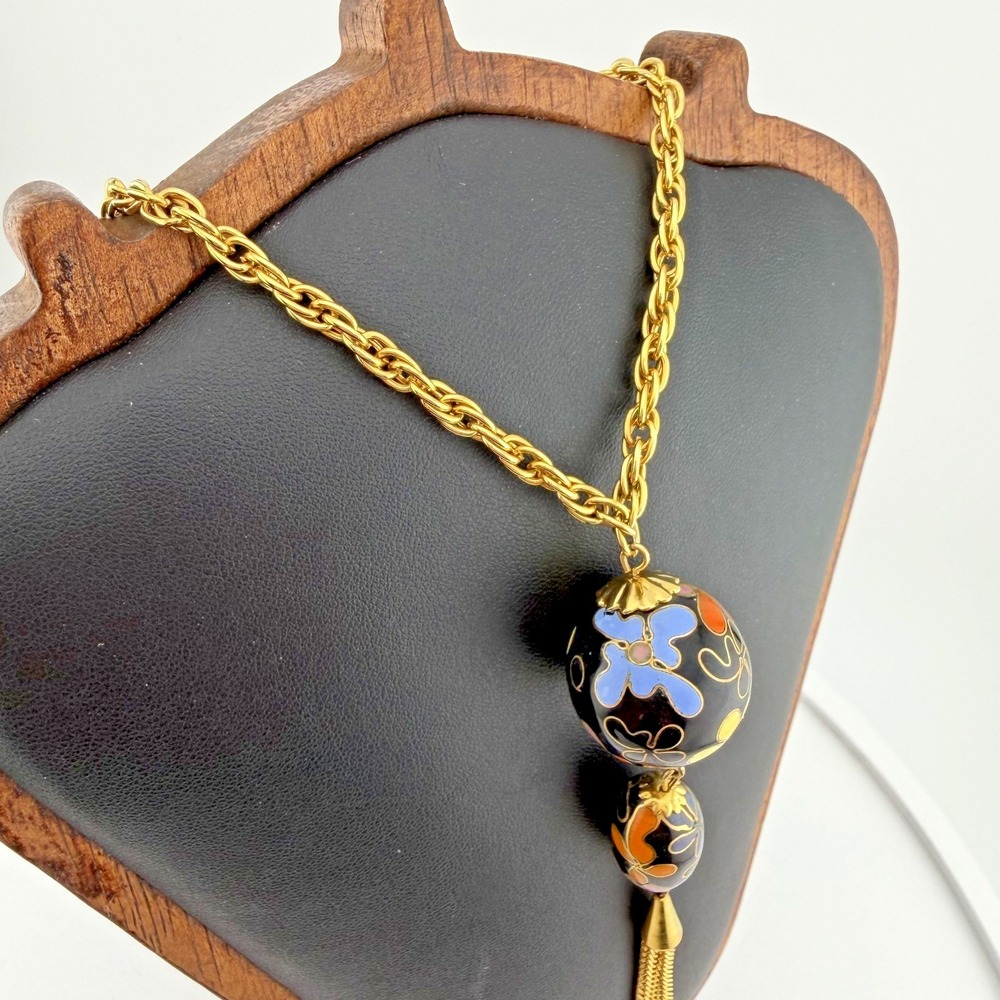 Vintage Cloisonne Enamel Floral Bead Tassel Necklace Long Gold Tone Chain‎ 26" - Picture 9 of 10